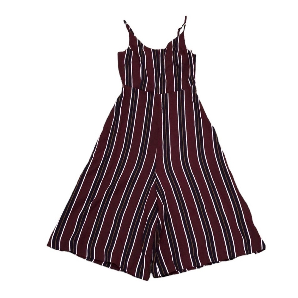 BP Wide Leg Cropped Jumpsuit Size XXS Burgundy Red Striped Cut Out Back